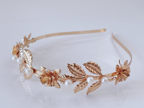 Women Girl Gold Rose Pearl Leaf Party Hair Head Band Headband Hoop headpiece