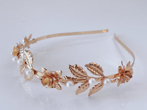 Women Girl Gold Rose Pearl Leaf Party Hair Head Band Headband Hoop headpiece