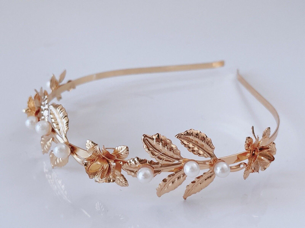 Women Girl Gold Rose Pearl Leaf Party Hair Head Band Headband Hoop headpiece