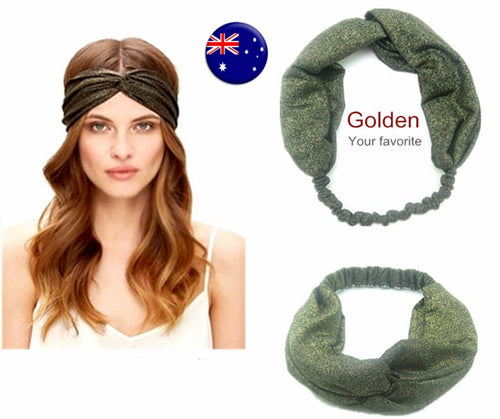 Women Black Retro Boho Shimmer Glitter cross elastic Hair Headband Bandana Wrap