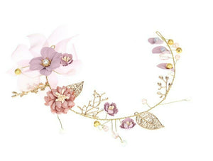 Women Wedding Bride Gold leaf Pink Flower Hair band head piece garland tiara