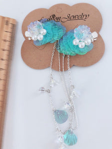 Women Girl Blue Pearl Mermaid Shell Forehead Chain Tassel Hair Clip Brooch Pin