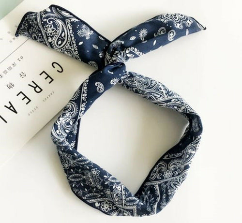 Women Girl Retro boho Hip hop Paisley Bandana Hair Band wire bow Headband Scarf Navy blue