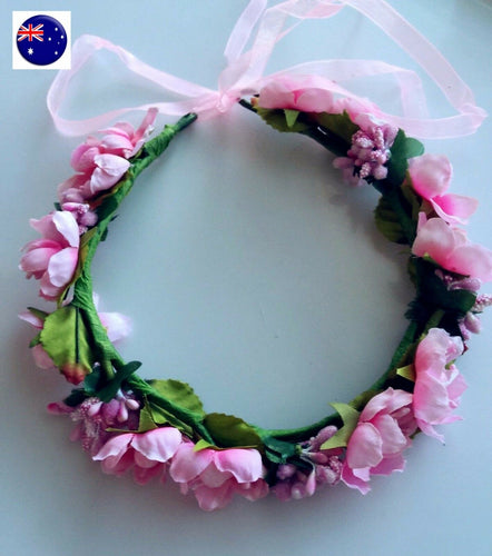 Women Girl baby BOHO Beach wedding Pink Flower Hair head Headband Prop Garland