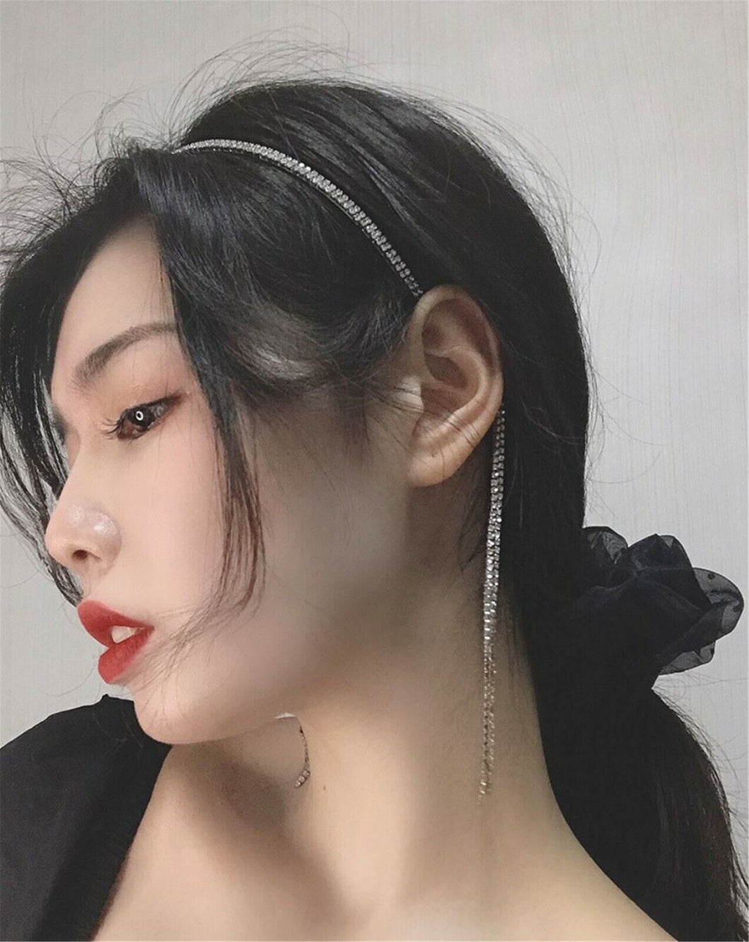 Women Crystal Rhinestone Bling Hair Slim Headband Head band with Tassels Chain