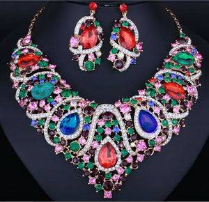 Women Colorful Rainbow Prom Crystal Gem Shiny Rhinestone Necklace Earrings Set