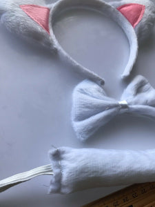 Women Kid white Fluffy Cat Kitty Costume Ear tail bowtie Party Hair headband set