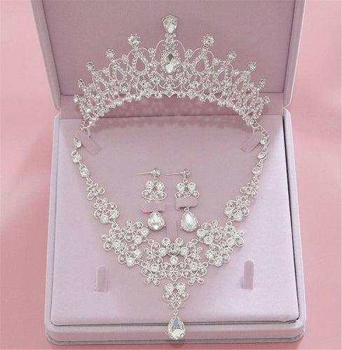 Women White Crystal Silver Party Prom Hair Headband Crown Tiara Necklace Earring