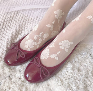 Women Fancy Retro White lace embroidery Rose Flower Stockings Pantyhose Tights