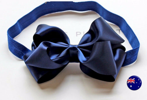 Women Girl School Uniform Navy Blue Satin Bow Ribbon Elastic Hair band Headband