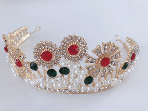 Women Gold Rhinestone Crystal Pearl Sun Party Hair Headband Crown Tiara Earrings