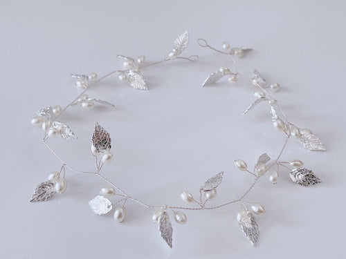 Women wedding Silver Color leaf Rice Pearl Bride wire Hair Head band Hairpiece