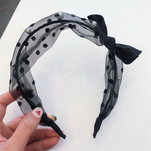 NEW Women Lady Girl Black Retro Dot Dotty Lace Pearl Bow Hair Head Band Headband