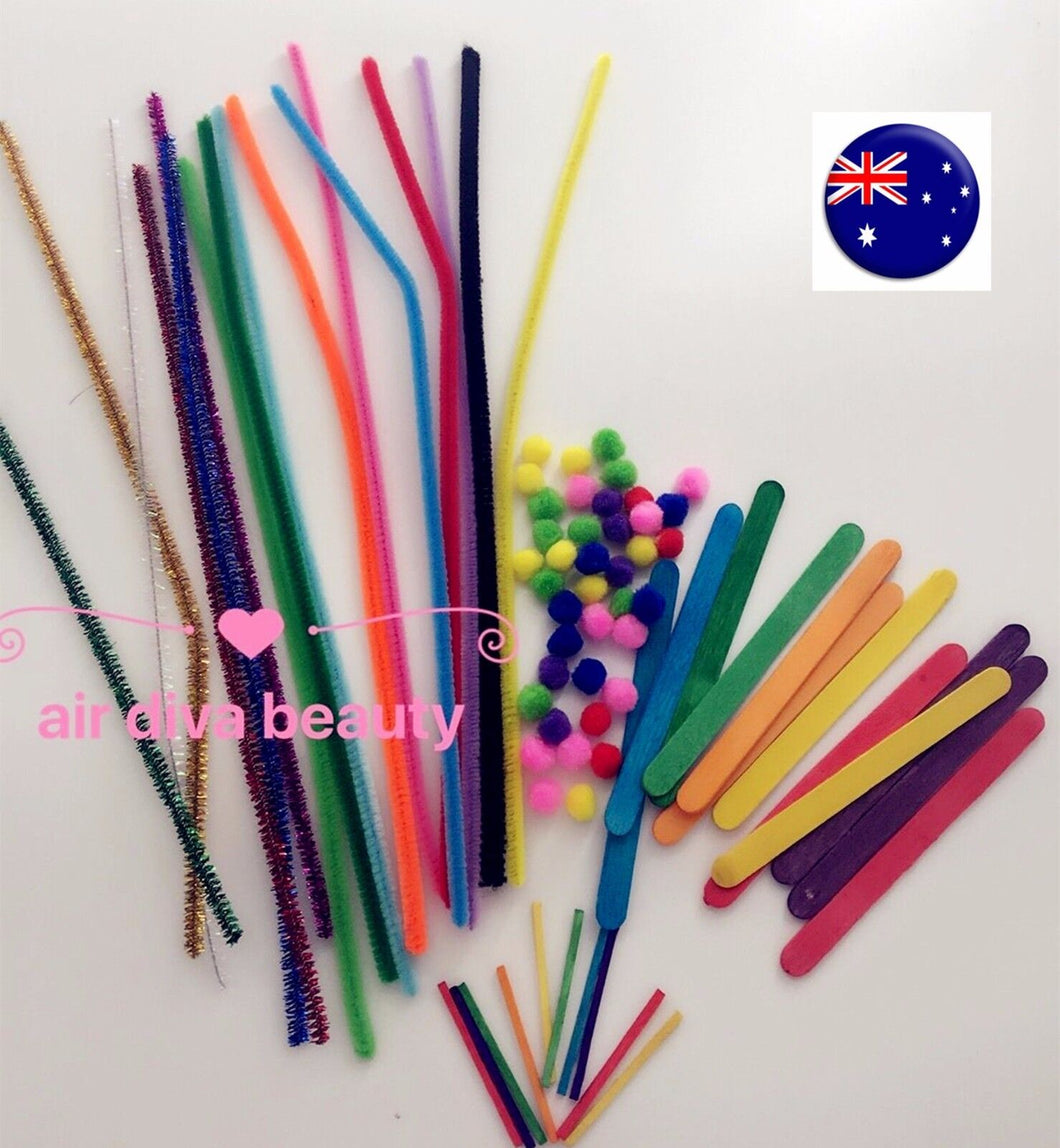 Kids Child 16 Pipe Cleaner Sticks + 40 Pompoms Wooden Pop Stick Paddle Craft Set