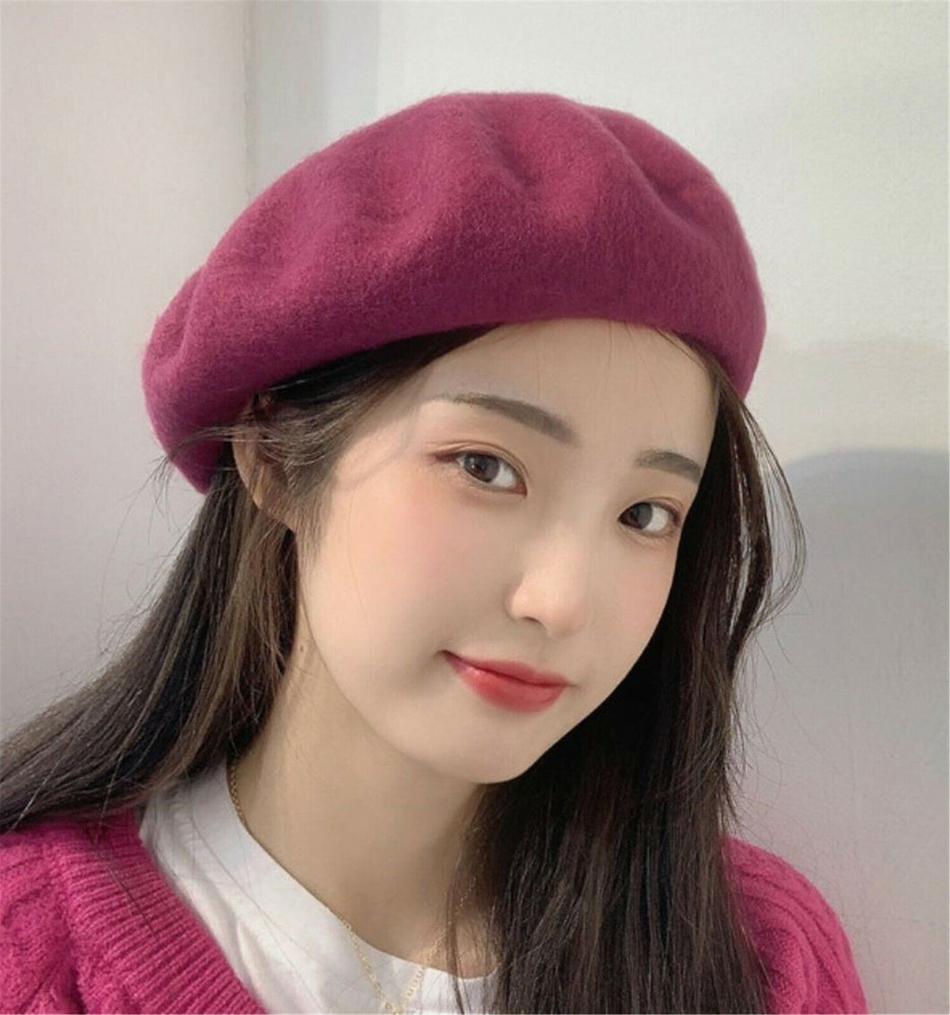 Women Warm Wool Blend Beanie French Artist Taro Magenta Round Beret Hat Cap