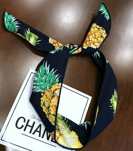 Women Girls Pineapple Fruit Hawaii retro Wire Bunny Ear bow scarf Hair headband Navy with Pineapple