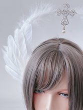 Women White Feather Cross Gothic Halo Hair Hoop Headband Crown Tiara Fascinator