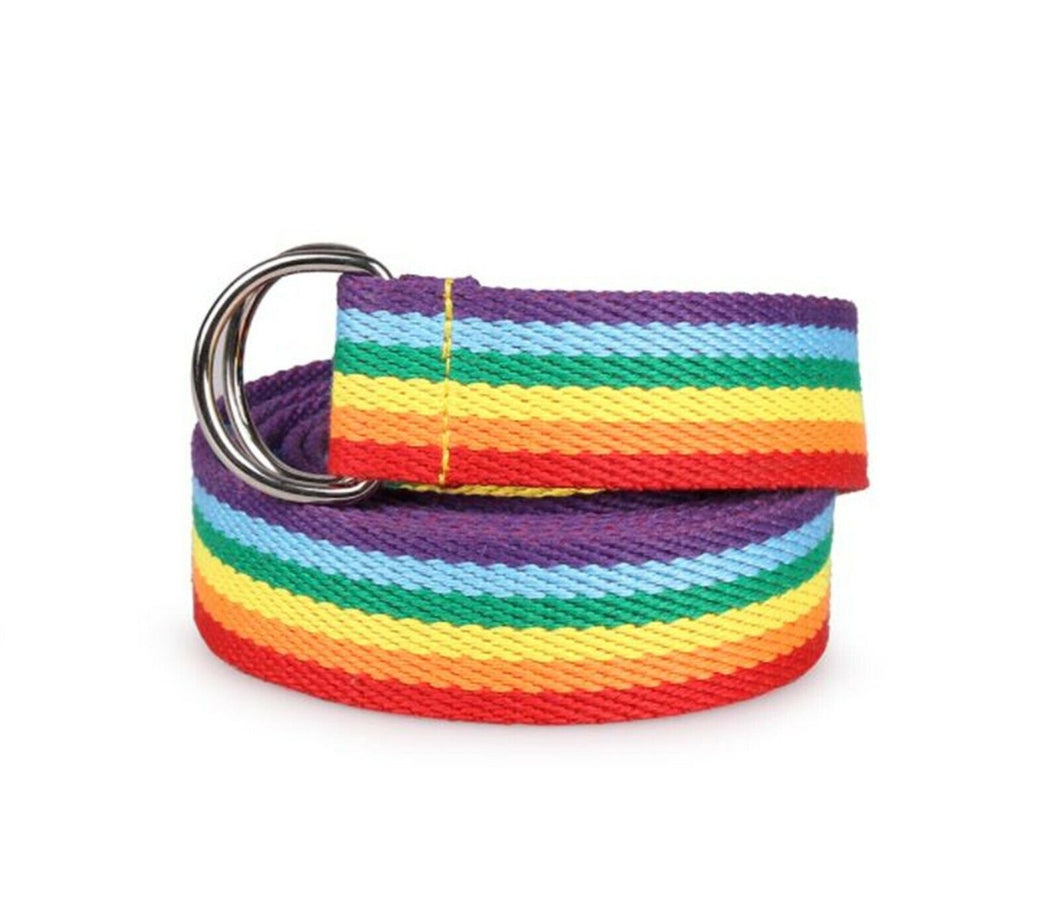 Women Lady Rainbow Stripe Colorful Casual D-ring Canvas Pants Long Belt 133cm