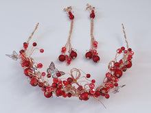 Women Red Bead Butterfly Hair Headband Garland Leaf  Tiara Fascinator Earrings