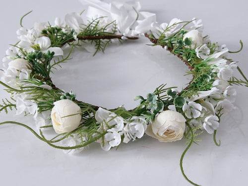 Women White Flower Girls Greenery Halo Garden Party Hair Headband Crown Garland