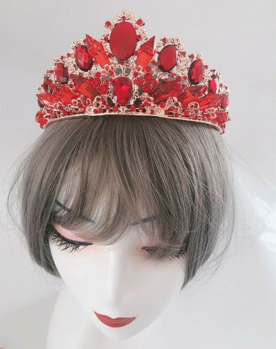 Women Lady Red Crystal Party Gold Hair Headband Queen Prom Halo Tiara Crown