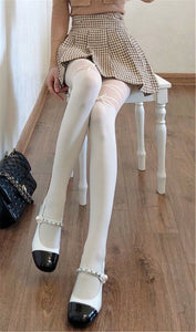 Women Lace Cream White Bow Retro Cross Embroidery Tights Pantyhose Stockings