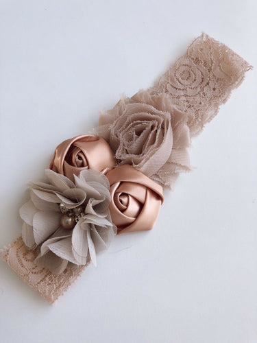 Baby Shower Kid Girl wedding Party Brown Beige Rose Crystal hair band Headband