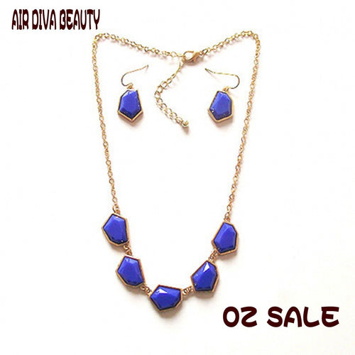 Women New Fashion Charm Geometry beads Blue Party Necklace Chain Earring set