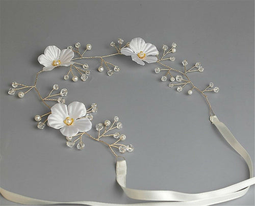 Women White Flower with gold Wire Fascinator Headband Hair Piece Ribbon Jewlery