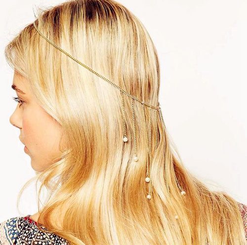 Women Lady Retro Party Boho Metallic Chain Tassel beads Hair accessory headband