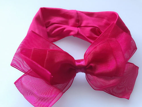 Baby Girl Birthday Party Hot Pink Lace Bow Ribbon Elastic Stretch hair headband