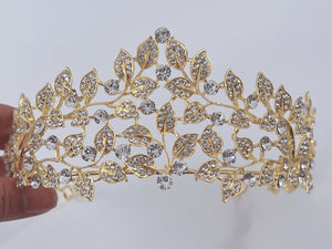 Women Forest Queen Prom Royal Gold Leaf Crystal High Hair Headband Tiara Crown