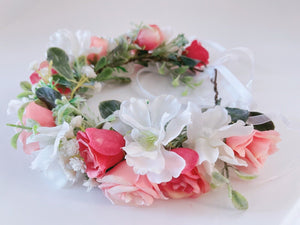 Women White Pink Rose Flower Girl Rustic Woodland Hair Headband Crown Garland