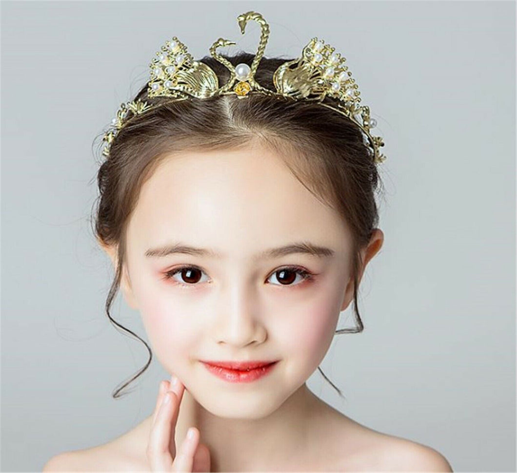 Girl Lady Gold swan Dance Prom Party Hair Headband Head Pearl Crown Tiara Prop