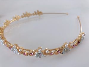 Women Little Flower Floral Gemstone Crystal Gold Hair Head Band Hoop Headband