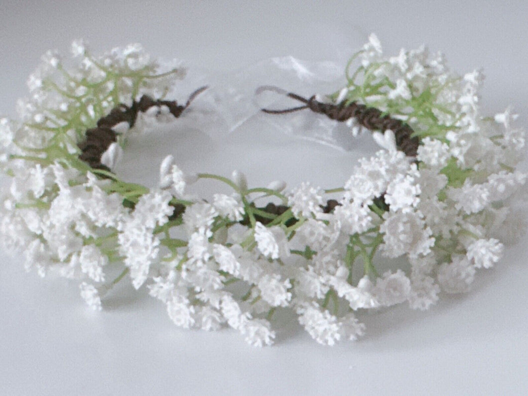 Women White little flower babys breath Hair Headband Greenery Halo Crown Garland