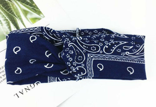 Women Girl Retro boho Hiphop Paisley Bandana Hair Band Cross Twisted Headband Navy blue