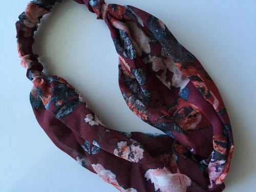 Women Lady Retro BOHO Flower Cross Bandana look Hair Wrap Head band headband Dark Red Maroon flower cross headband