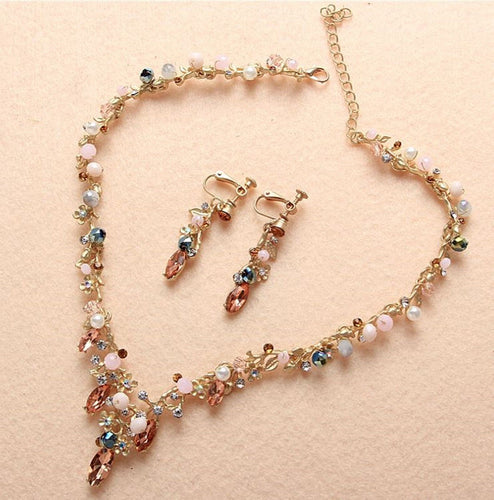 Women slim Beige Crystal Pink Bead Gold color Dress Necklace Earrings Clips Set