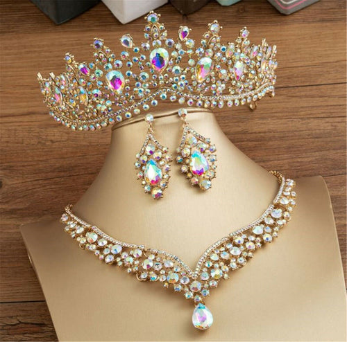 Women Colorful Crystal Rhinestone Gold Color Hair Tiara Crown Earrings Necklace