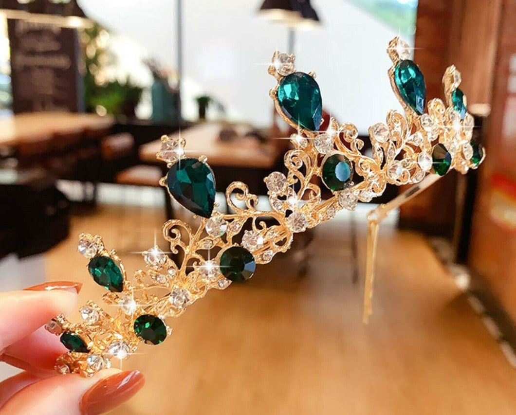 Children Kids Girls Princess Emerald Green Crystal Tiara Crown Hair Headband