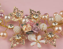Women Wedding Bride Rose gold leaf Pearl Hair Headband Garland Hairpiece Earring