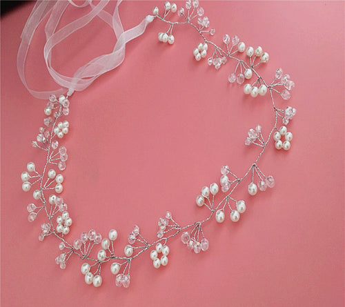 Women Girl White Wedding Pearl Bride Party Hair Silver Headband ribbon Lace Band