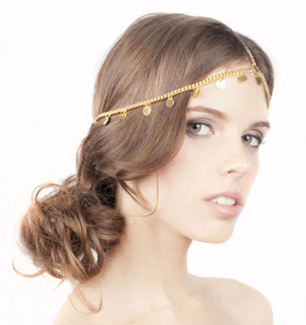 Women Gold color Sequins Metal Bohemian Hippie Hair Head Cuff Headband Chain