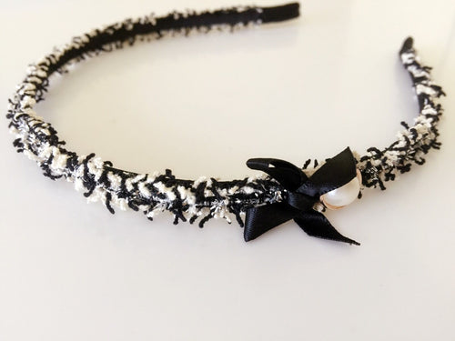 Women Girls Black white Sweet Grace Bow Ribbon Pearl Duffle Hair Headband Hoop