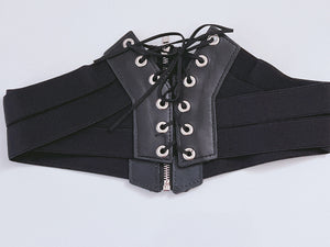 Women Black Retro Party Waist Elastic Wide Corset Belt band Tie up Zip Wrap