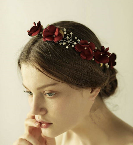 Lady flower Gold Leaf wedding Maroon Red bride Party Hair Headband Crown Garland