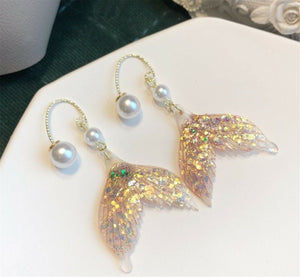 Women Girl Novelty Gold Glitter Fish Mermaid Tail Party Dangle Pearl Earrings