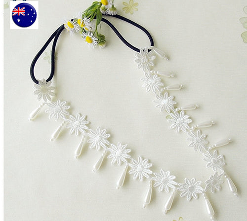 Women Girls White BOHO Lace flower Pearl Beach wedding Bride Hair Headband Prop