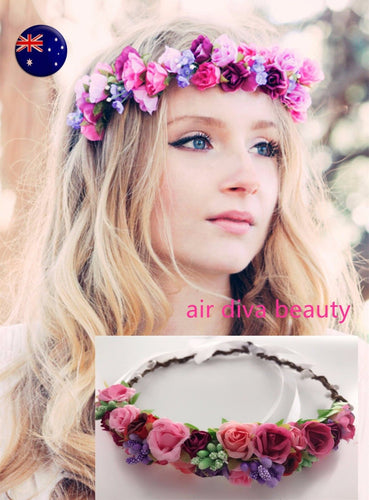 Women Pink flower Girl child Bride Party Hair Floral Headband Prop Garland lace